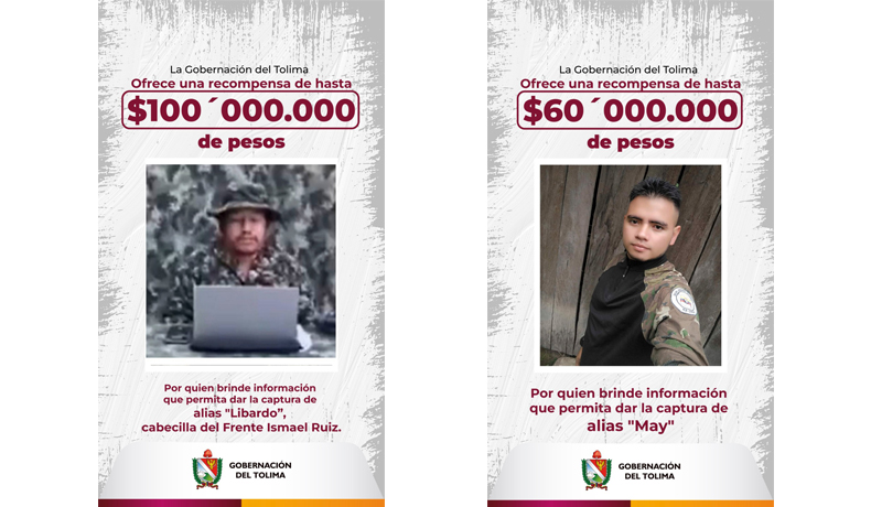 Gobernación del Tolima ofrece hasta $100 millones de recompensa por cabecillas de disidencias