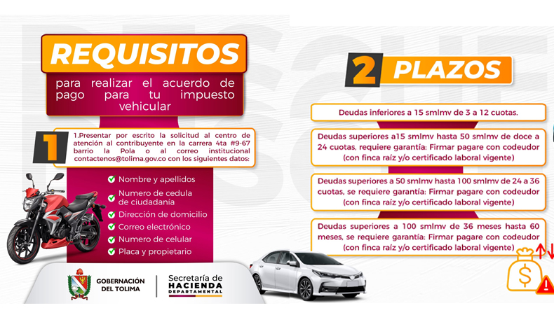 La Gobernación del Tolima brinda acuerdos de pago para el impuesto vehicular