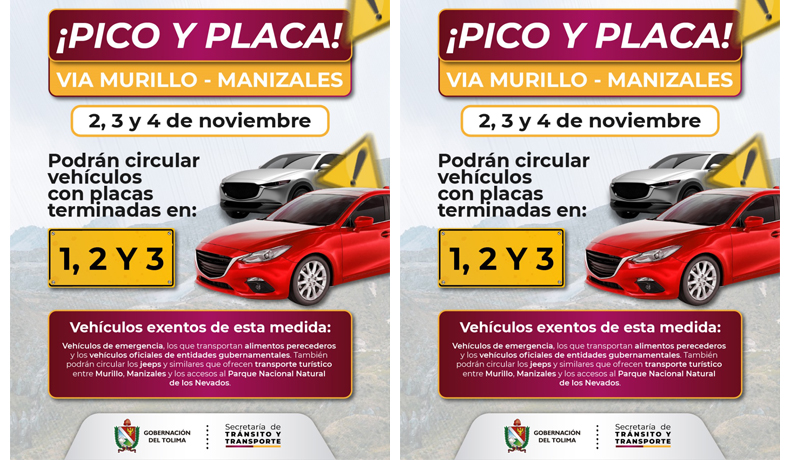 En el Puente Festivo continúa medida de pico y placa en la vía Murillo – Manizales