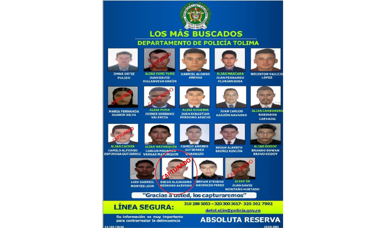 Capturado Reinoso, uno de los más buscados del Tolima
