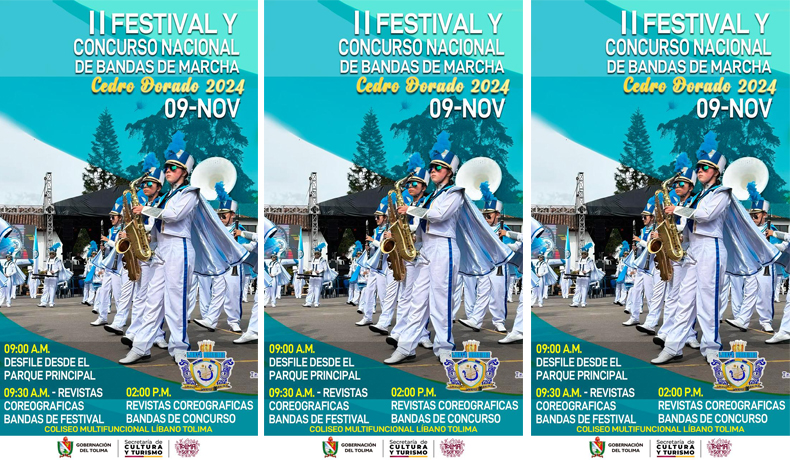 Este sábado 9 en el Líbano el II Festival y Concurso Nacional de Bandas de Marcha Cedro Dorado 2024