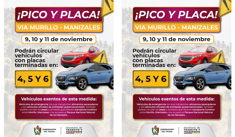 Sanción de $522.900 por incumplimiento de pico y placa ambiental en la vía Murillo - Manizales