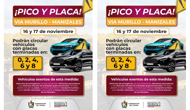 Continúa restricción de pico y placa en la vía Murillo - Manizales para el fin de semana