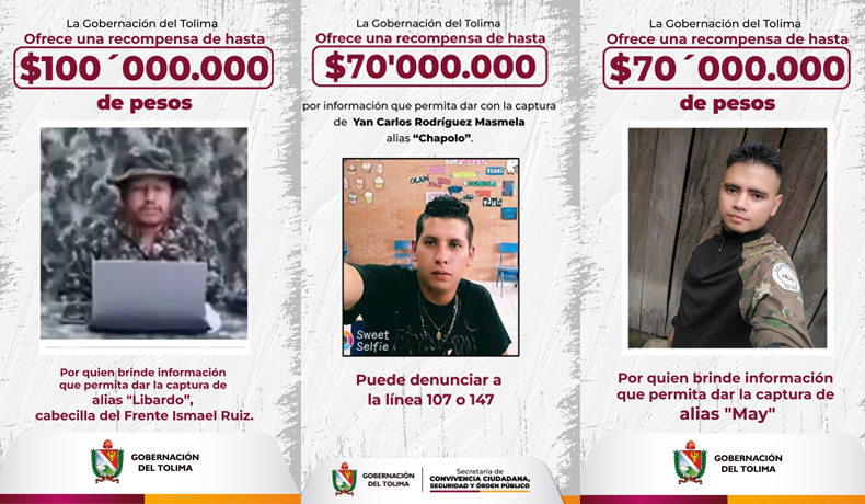 En el Tolima aumentan recompensas por cabecillas de las disidencias