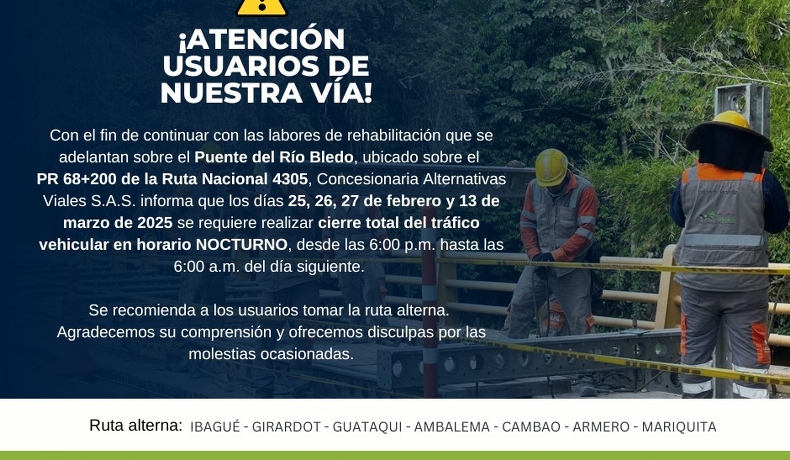 Cierre total nocturno del puente  del rio Bledo por obras de rehabilitación