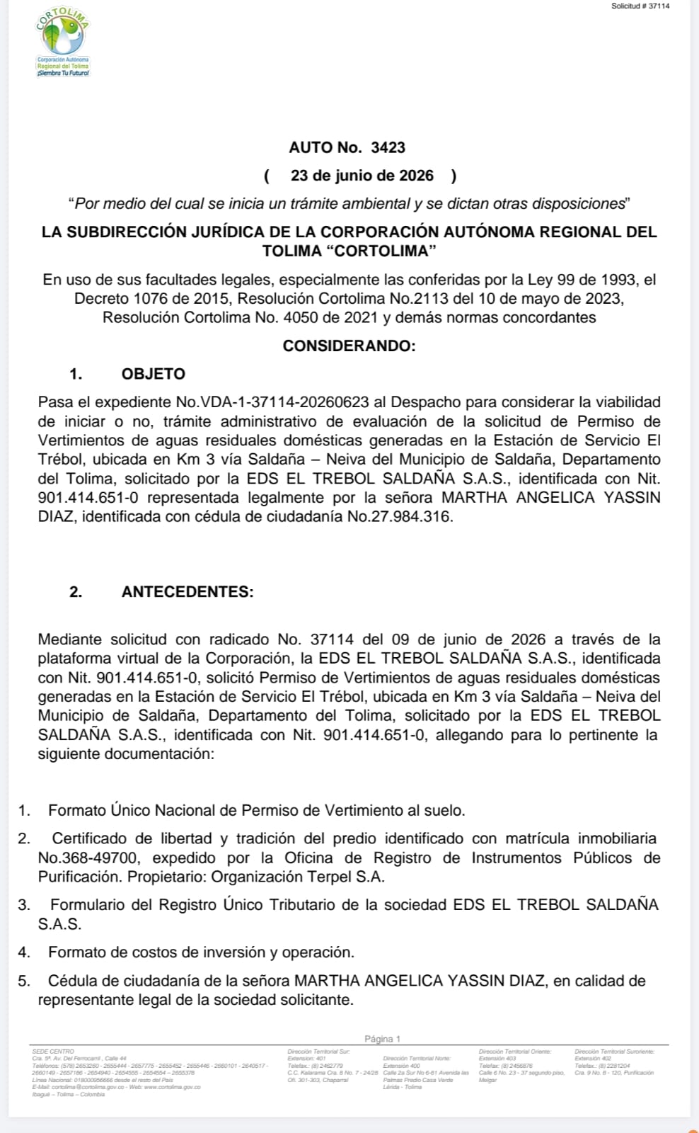 AVISO PÚBLICO DE INICIO DE TRÁMITE AMBIENTAL Auto No. 3423 del 23 de junio de 2026